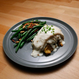 Crab-Stuffed Flounder with Mornay Sauce and Green Beans Almondine