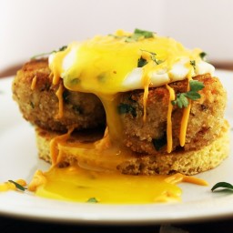 Crabcake with Over Easy Egg and Cornmeal Pancake