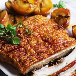 Crackling pork belly with roasted apples and maple-mustard sauce