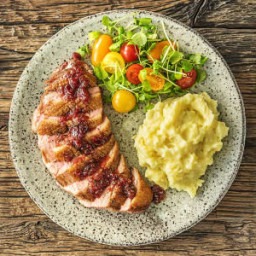 Cranberry-Drizzled Duck Breasts with Watercress Salad and Mashed Potatoes