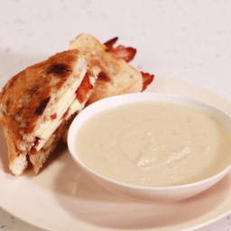 Creamy Apple and Celery Root Soup with Grilled Cheddar, Bacon and Apple Hon
