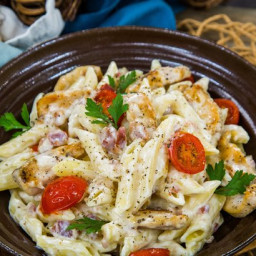 Creamy Applewood Bacon Pasta with Seared Chicken and Tomatoes