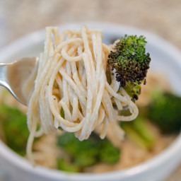 Creamy Asiago Spaghetti with Spicy Roasted Broccoli