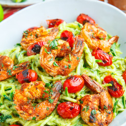 Creamy Avocado Zucchini Noodle Pasta with Taco Lime Grilled Shrimp