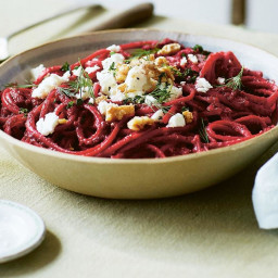 Creamy Beet Linguine with Walnuts and Feta
