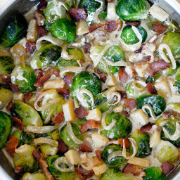 Creamy Brussels Sprouts with Bacon, Apples and Gorgonzola Cheese