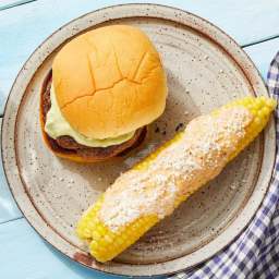 Creamy Guacamole Burgers with Elote-Style Corn on the Cob