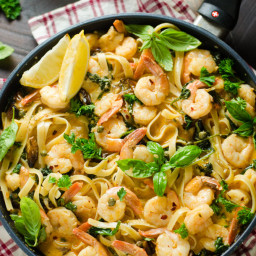 Creamy Lemon Butter Shrimp Pasta with Spinach and Caramelized Garlic