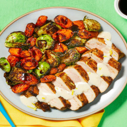 Creamy Lemon-Herb Pork Chops with Balsamic-Glazed Brussels Sprouts & Carrot