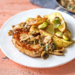 Creamy Mushroom Pork Chops with Roasted Brussels Sprouts and Crispy Potatoe