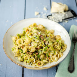 Creamy Orecchiette with Brussels Sprouts, Pancetta, and Wild Mushrooms 