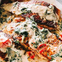 Creamy Pan Seared Salmon with Tomatoes and Spinach