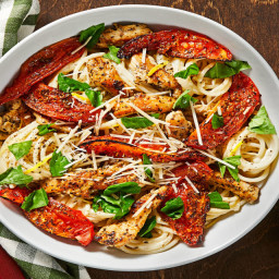 Creamy Parmesan Chicken Spaghetti with Roasted Tomatoes and Basil
