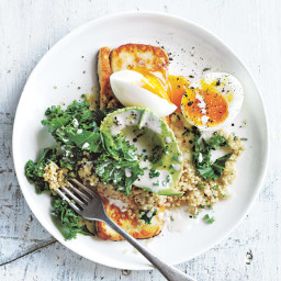 Creamy Quinoa And Kale Bowl With Haloumi And Soft Boiled Egg