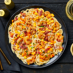 Creamy Shrimp & Bacon Spaghetti with Smoky Charred Corn & Chives