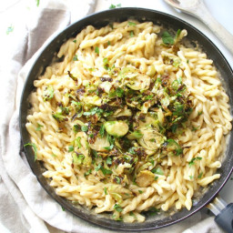 Creamy Vegan Garlic Pasta with Crispy Brussels Sprouts