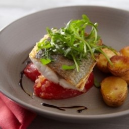 Crisp Fillet of Sea Bass with Tomatoes, Basil, Rocket & New Potato Salad