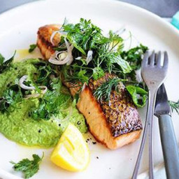 Crisp-skinned salmon with pea purée and softherb salad