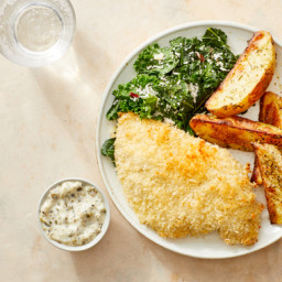 Crispy Baked Chicken with Sautéed Kale, Roasted Potatoes, & Caper Mayo