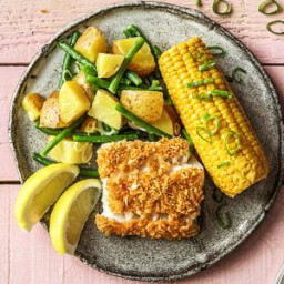 Crispy Baked Cod with Buttered Potatoes, Green Beans, and Corn on the Cob