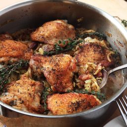 Crispy Braised Chicken Thighs With Cabbage and Bacon