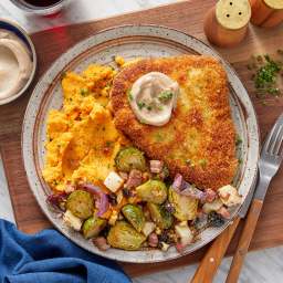 Crispy Breaded Pork Chops & Truffle Mayo with Roasted Brussels Sprouts 