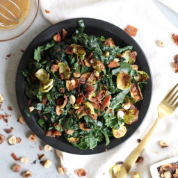 Crispy Brussels Kale Salad with Bacon Maple Dressing and Toasted Hazelnuts