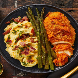 Crispy Cheddar Chicken with Loaded Bacon Mashed Potatoes & Asparagus