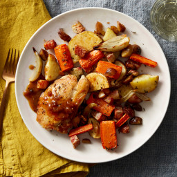 Crispy Chicken & Fig Pan Sauce with Roasted Fall Vegetables