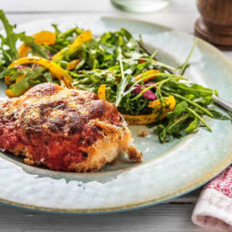 Crispy Chicken Parmigiana with Baby Spinach and Yellow Pepper Italian Salad