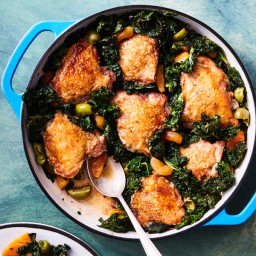 Crispy Chicken Thighs with Kale, Apricots, and Olives