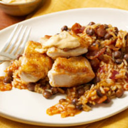 Crispy Chicken with Annatto Sauce, Rice and Pigeon Peas