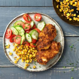 Crispy Chicken with Brown-Butter Corn and Cucumber Tomato Salad