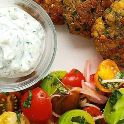 Crispy Chickpea Fritters with Tzatziki and Tomato Salad