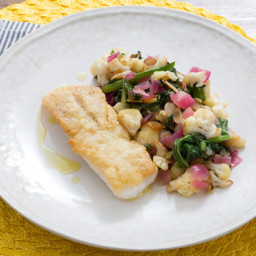 Crispy Cod with Warm Cauliflower and Mustard Green Salad