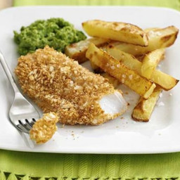 Crispy fish and chips with mushy peas