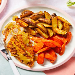Crispy Maple-Mustard Chicken with Roasted Potato Wedges & Carrots