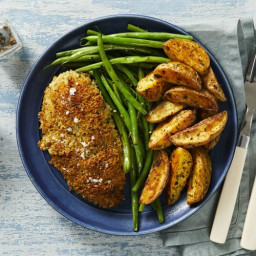 Crispy Monterey Jack Chicken with Buttery Green Beans, Potato Wedges, and S