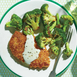 Crispy Oven-Fried Chicken Cutlets with Roasted Broccoli and Parmesan Cream 