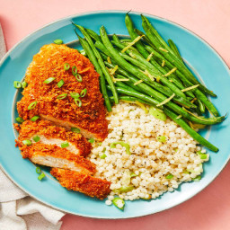 Crispy Parmesan Chicken with Garlic Herb Couscous & Lemony Roasted Green Be