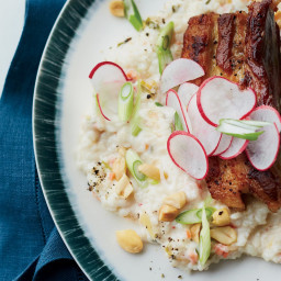 Crispy Pork Belly with Kimchi Rice Grits and Peanuts