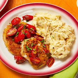 Crispy Pork Milanese with Cheesy Potatoes and Blistered Tomatoes