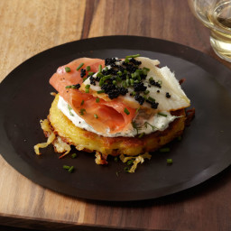 Crispy Potato Galette with Dill Cream, Smoked Salmon and Sturgeon and Osetr
