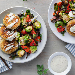 Crispy Quinoa Cakes with Roasted Brussels Sprouts & Ranch Dressing 