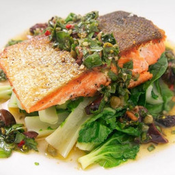 Crispy Salmon with Steamed Bok Choy and Basil-Caper Relish