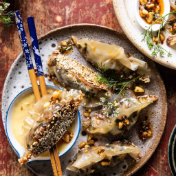 Crispy Sesame Ginger Potstickers with Chive Chili Sauce