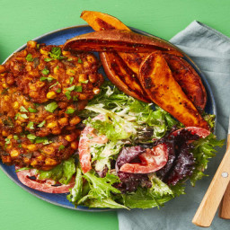 Crispy Southwest Corn Fritters plus Sweet Potato Wedges & a Side Salad with