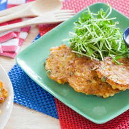 Crispy Sweet Corn and Pea Fritterswith Rémoulade and with Pea Shoot Salad