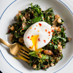 Crispy White Beans with Greens and Poached Egg