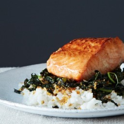 Crispy Coconut Kale with Roasted Salmon and Coconut Rice